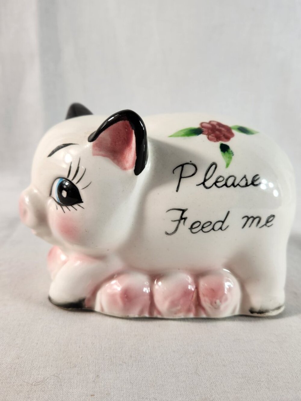 Ries Japan Ceramic Piggy Bank White Vintage 1950s-1960s Hand Painted + Plug - Picture 2 of 9